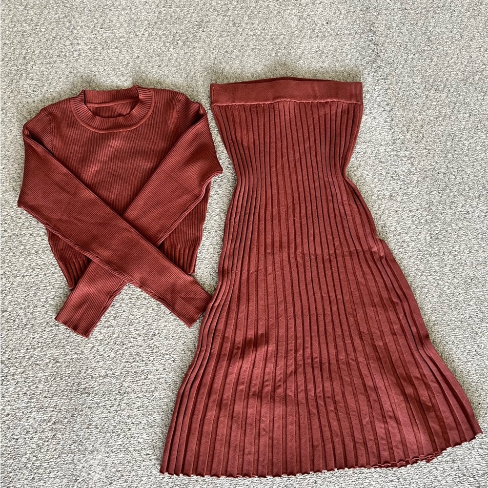Rust Ribbed Sweater and Skirt Set
